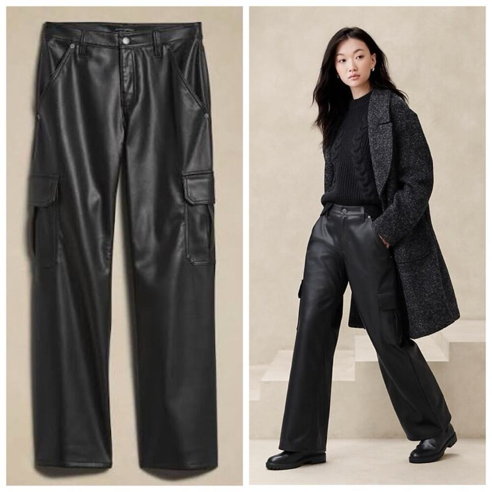 Banana Republic NEW Vegan Leather Straight Leg Mid Rise Cargo Pant Black 14